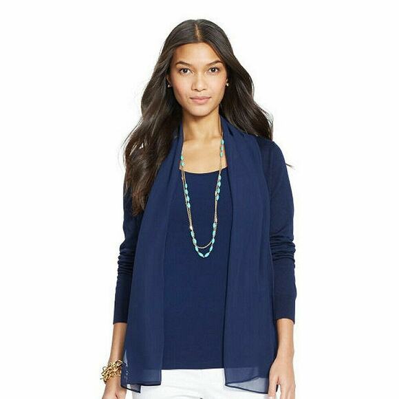 Ralph Lauren Cardigan Draped Open Cotton Modal Knit Chiffon Trim Navy XL Classic - Picture 1 of 14